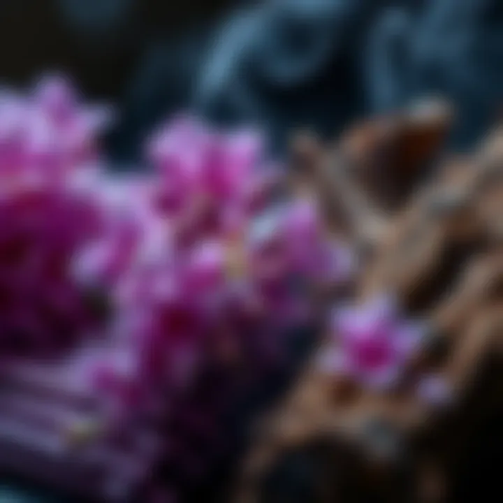 A close-up of fresh Hyacinths and agarwood used in making incense, showing the blending of floral and woody aromas.