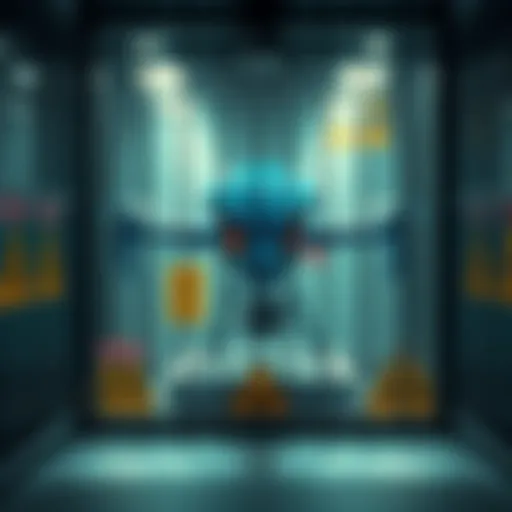 A drained blue alien drone locked in a radioactive cage, highlighting its unusual design and the surrounding hazard signs.