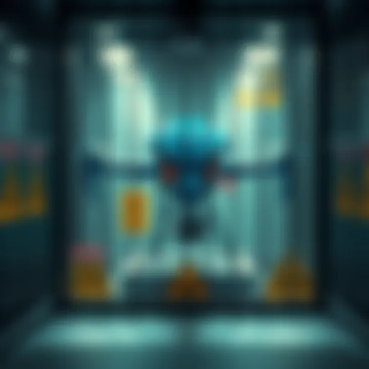 A drained blue alien drone locked in a radioactive cage, highlighting its unusual design and the surrounding hazard signs.