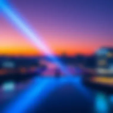 A vibrant blue light beam shines above the St-Lawrence River in Montreal, surrounded by twilight sky.