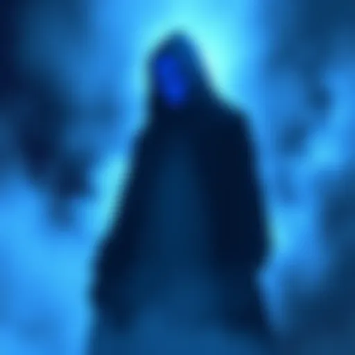 A representation of the Blue Man entity, a figure with a blue hue, standing in a misty setting, evoking a sense of the supernatural. The figure appears calm and watchful, surrounded by soft blue light.