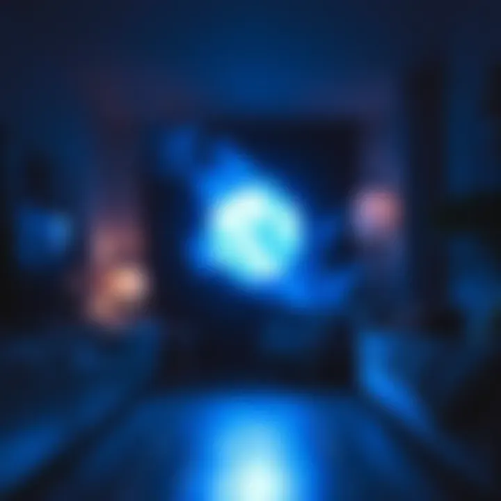 A glowing blue fireball changes colors in a dimly lit apartment, casting eerie light on the surroundings.