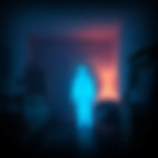 A blue glowing figure stands calmly in a dimly lit dorm room, creating an eerie atmosphere.