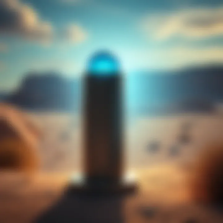 A blue orb floating above a cylinder in a desert setting as Dr. James conducts an experiment