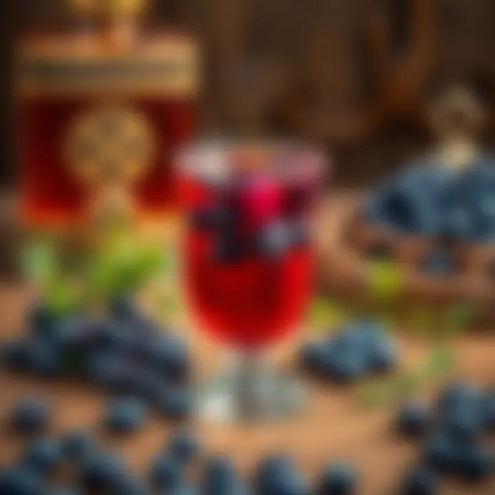 A glass of homemade blueberry rosemary mead placed on a wooden table, surrounded by fresh blueberries and rosemary sprigs, with a Norse-themed decorative item in the background.