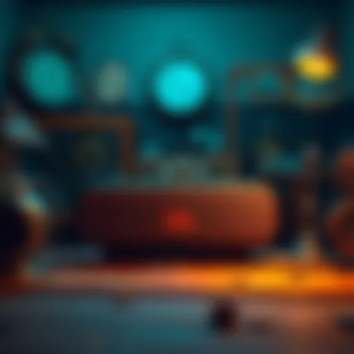 A modern JBL Bluetooth speaker placed in a historical environment, with an old clock and vintage furniture around it, symbolizing time travel