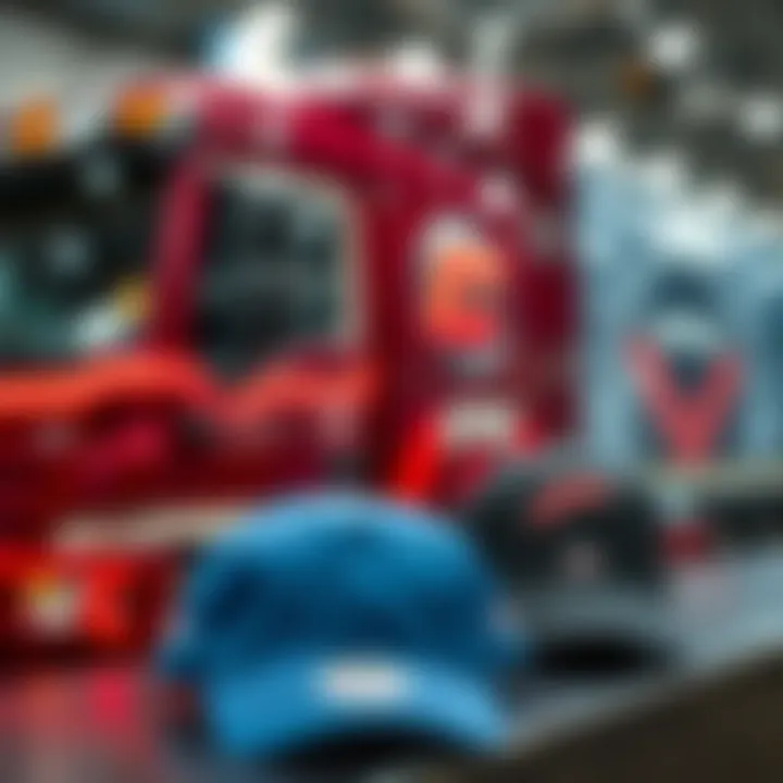 A truck with a blurred logo on the side, while merchandise like hats and shirts with the brand logo are clearly visible.