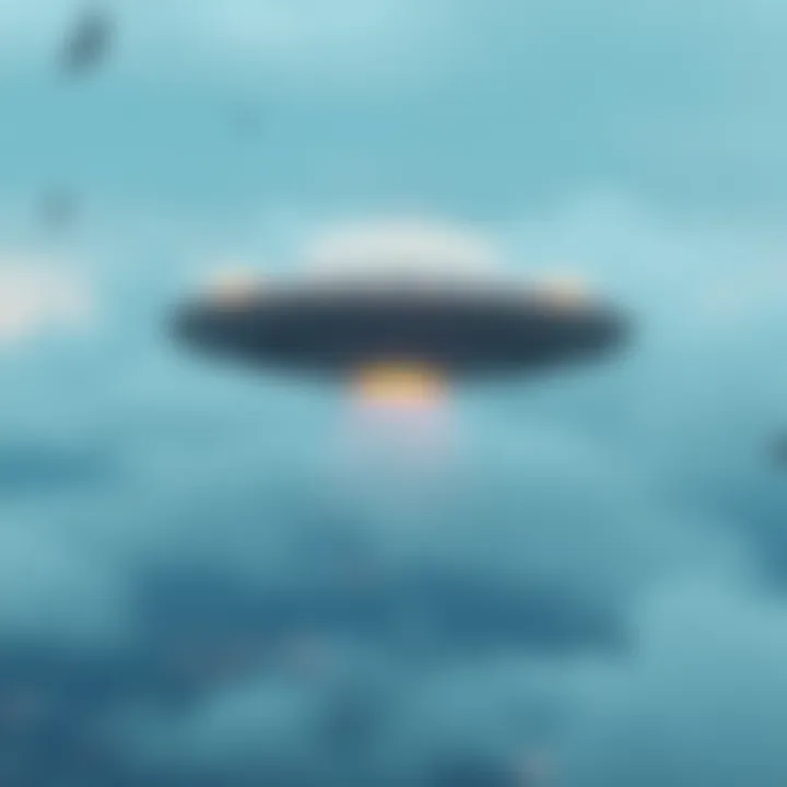 A still frame from a blurry UFO video showing an unidentified flying object in the sky.