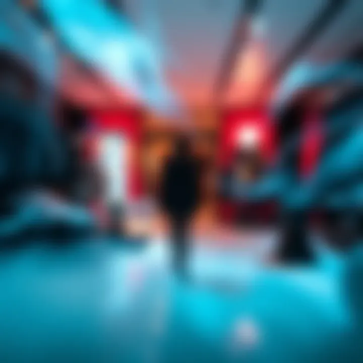 A scene where a person stands in a boutique, surrounded by dream-like elements blending with reality, showcasing a surreal encounter.