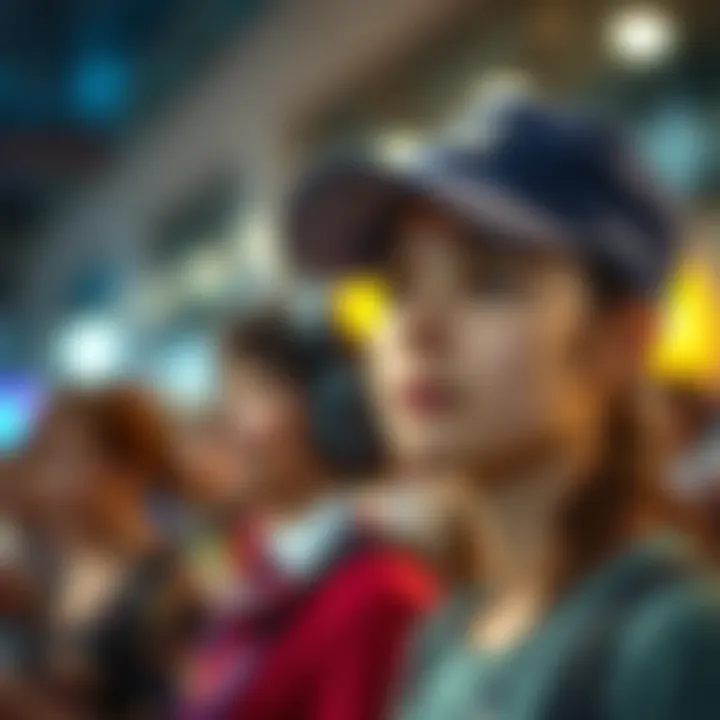 A young woman in a baseball cap with her mother and a guide, blurry lights in the background