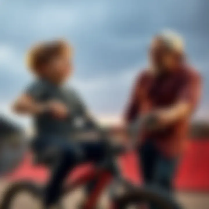 A smiling young boy on a BMX bike makes eye contact with an adult, both sharing a funny moment while another adult laughs nearby.