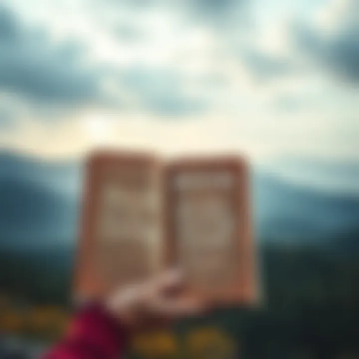 A person holding a book titled 'Book on the Living God' with a serene background, representing spiritual exploration.