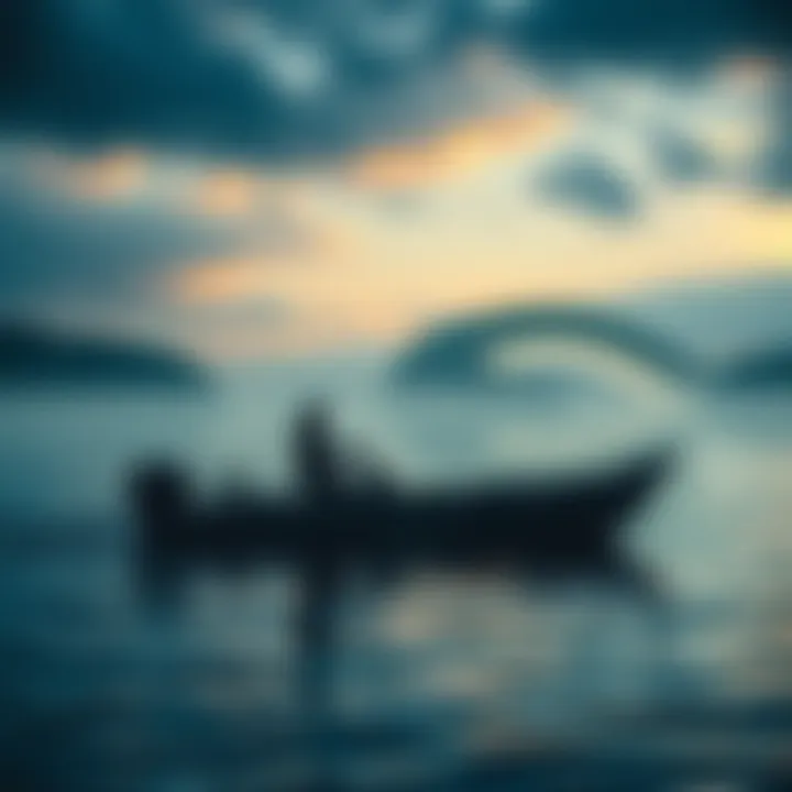 A boat rider spotting a large, unusual figure beneath the lake's surface, sparking curiosity.