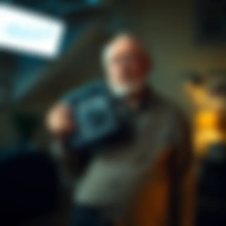 Bob Emenegger stands in a dimly lit room, holding a film reel that contains UFO footage, looking surprised and intrigued.