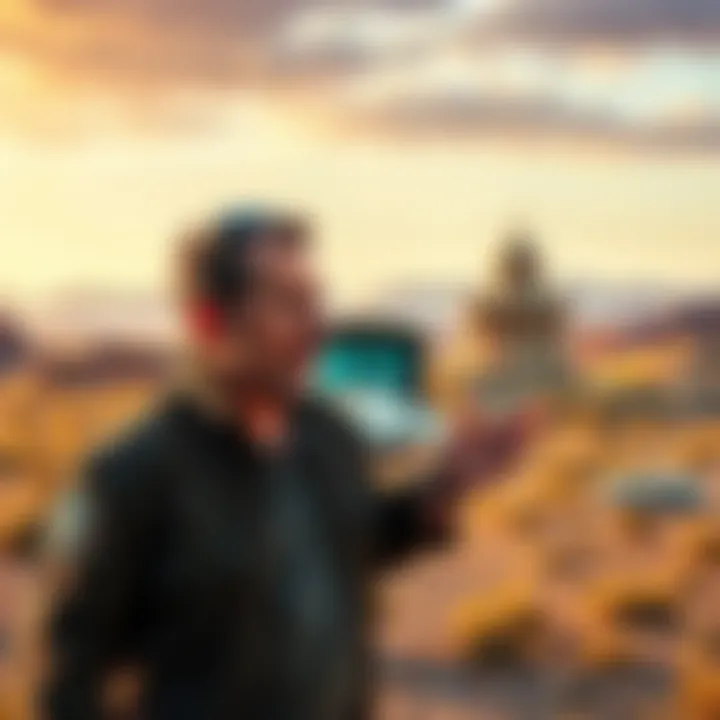 A man discussing alien technology with a military base in the background, representing Bob Lazar's claims about Area 51.