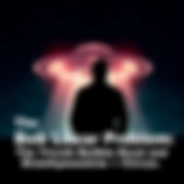 A person stands in front of a dark background showing an outline of a UFO, representing the debate over Bob Lazar's claims about UFOs and government research.