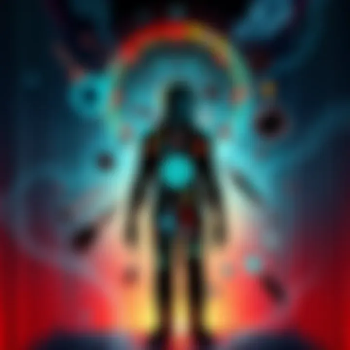 Illustration of a human silhouette filled with scientific symbols and elements representing Bob Lazar's Human Container Theory