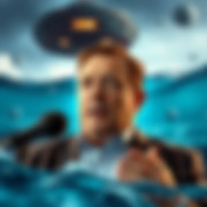 Bob Lazar speaking about the sport model craft's underwater origins during a podcast episode, with a backdrop of ocean waves and spacecraft imagery.