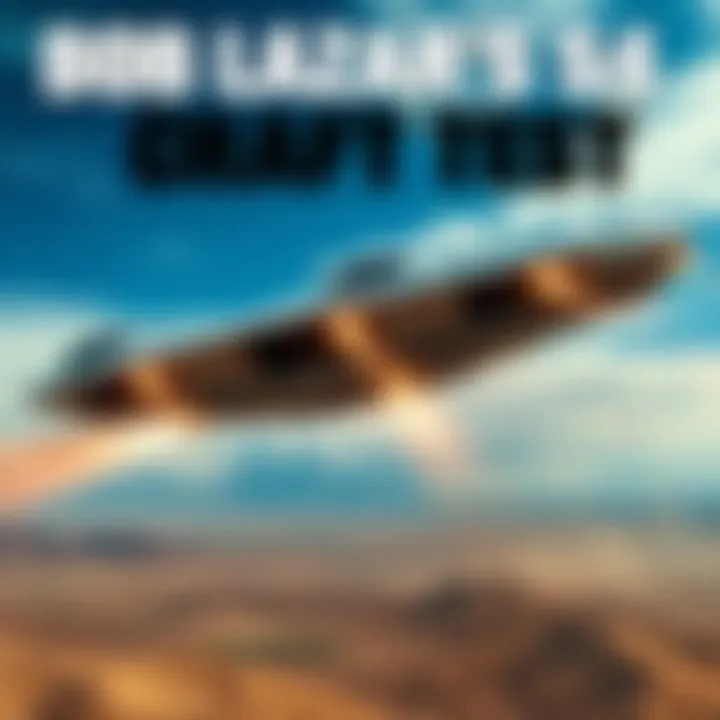 A depiction of a futuristic flying craft over a desert landscape during a test flight, representing Bob Lazar's claims on Joe Rogan's podcast