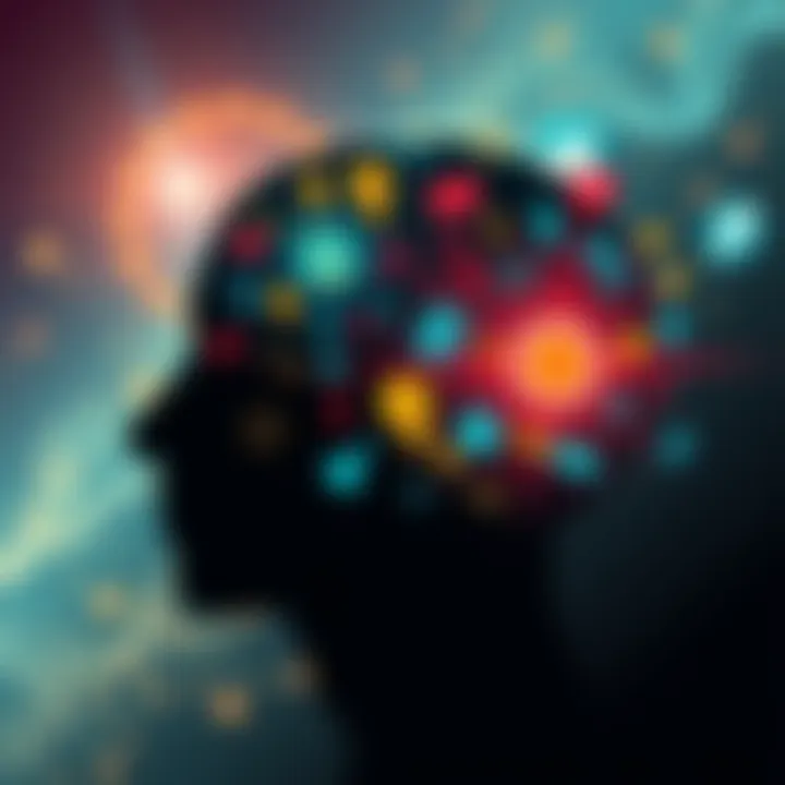 An illustration showing a human silhouette filled with various symbols representing thoughts and ideas, depicting the concept of consciousness in human existence according to Bob Lazar's theory.