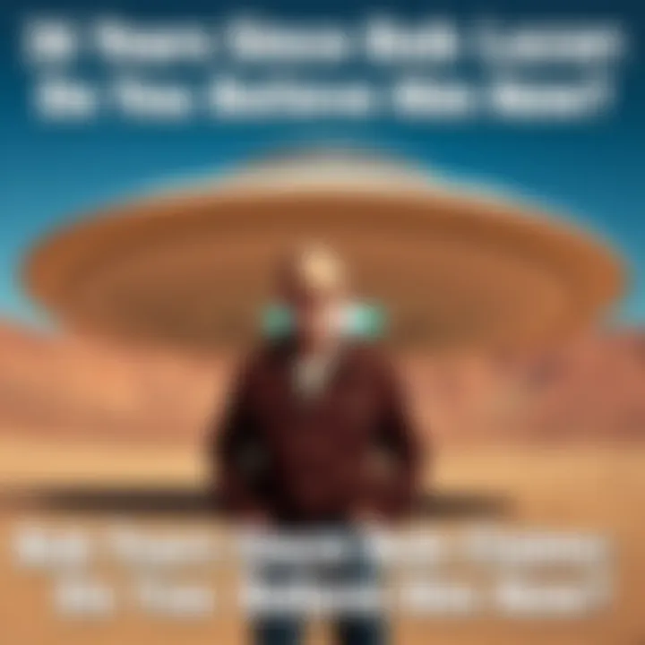 Bob Lazar standing next to a futuristic UFO model, with a desert backdrop and clear blue sky