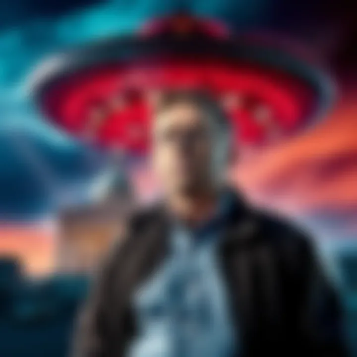 Bob Lazar standing in front of a futuristic UFO with a government facility in the background