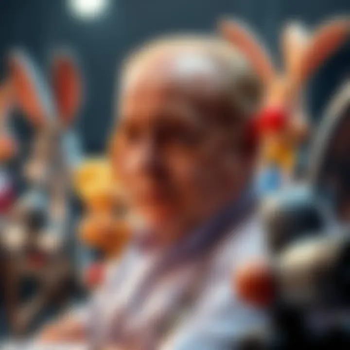 Bob Hoskins on Who Framed Roger Rabbit set Bob Hoskins looking focused on set, surrounded by animated characters while filming Who Framed Roger Rabbit, with a thoughtful expression suggesting deep concentration.