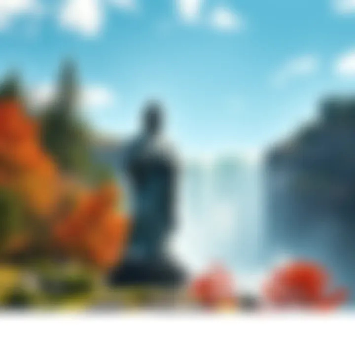 A serene statue of Bodhidharma surrounded by natural beauty with Niagara Falls in the background