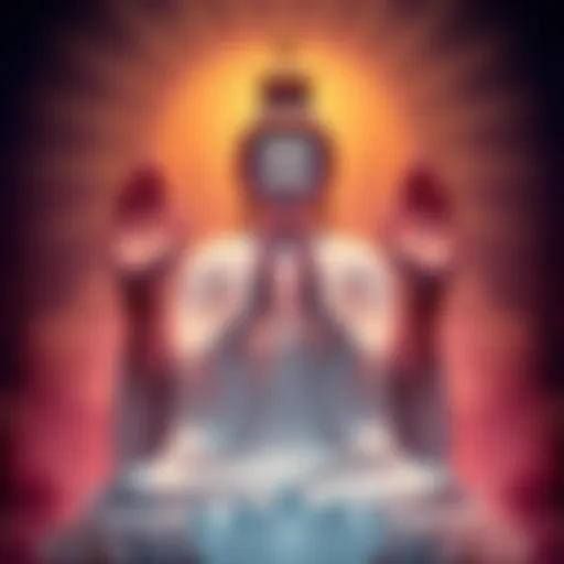 Three distinct mudras of the Bodhisattva's thousand arms, symbolizing compassion, wisdom, and the path to enlightenment, depicted in a serene setting.