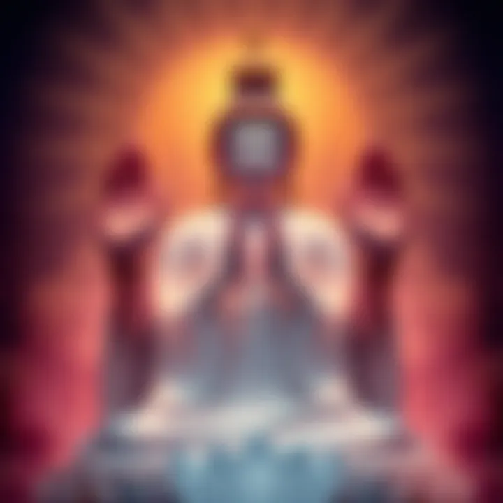 Three distinct mudras of the Bodhisattva's thousand arms, symbolizing compassion, wisdom, and the path to enlightenment, depicted in a serene setting.