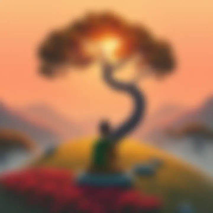 Bodhisattva vow concept Illustration of a peaceful landscape with a figure meditating under a Bodhi tree, symbolizing the Bodhisattva path and rebirth