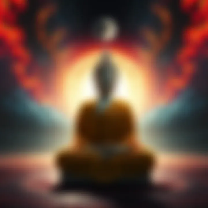 Bodhisattva Vow Exploration A contemplative figure meditating in a serene, cosmic environment, symbolizing the search for spiritual truth without the confines of heaven or hell.