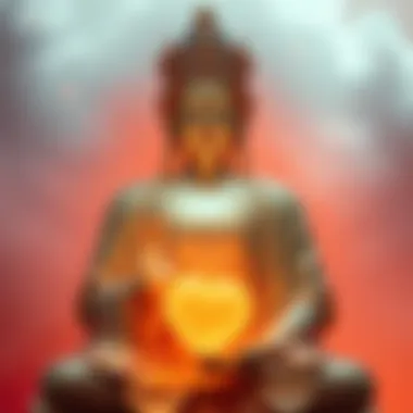 Bodhisattva with a Heart A serene figure representing a Bodhisattva, radiating light and holding a heart symbol, surrounded by soft colors of compassion and love
