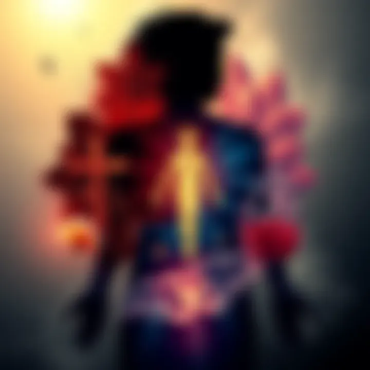 A visual representation contrasting the physical body and the essence of self, with a silhouette of a person surrounded by symbols of different religions like a cross, lotus, and om symbol.