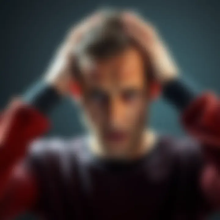 Individual experiencing severe headaches and body aches, with hands on their temples and a pained expression