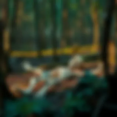 Authorities discovered the skeletonized body of a missing nuclear lab worker in a wooded area with a gunshot wound. The scene shows the forest floor with trees around.