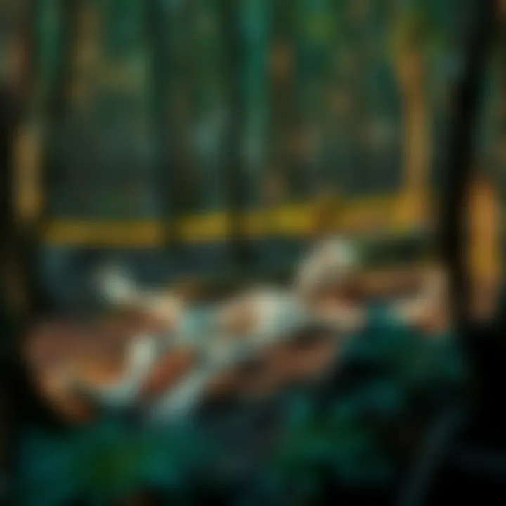 Authorities discovered the skeletonized body of a missing nuclear lab worker in a wooded area with a gunshot wound. The scene shows the forest floor with trees around.