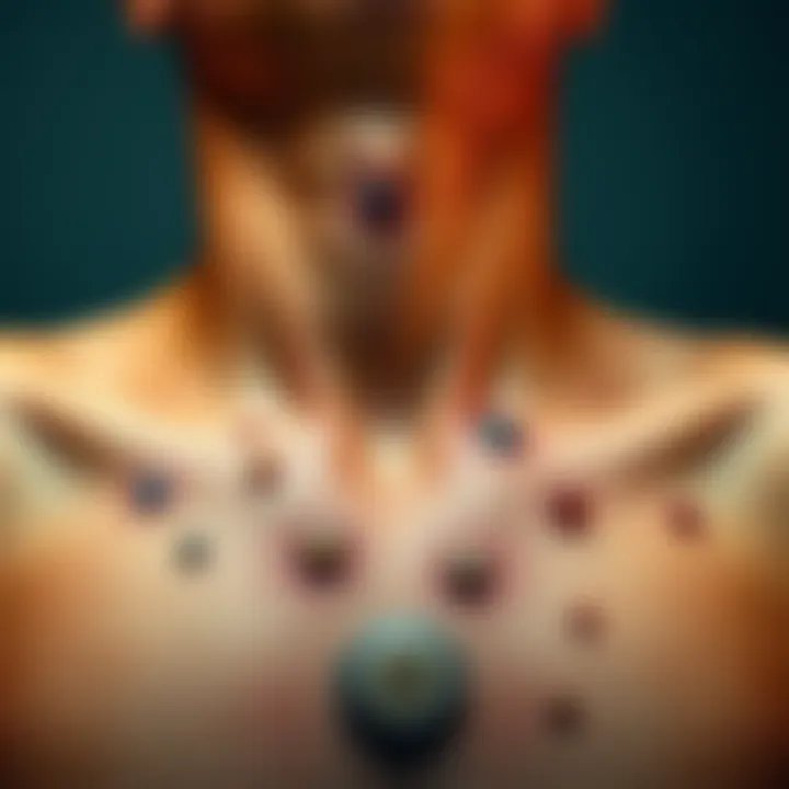 Body moles and their meanings A close-up view of several body moles on a person's skin with cultural symbols surrounding them, representing different interpretations of moles in various cultures.