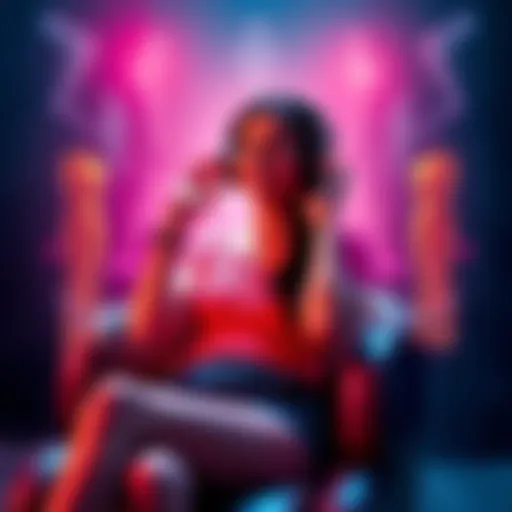 A woman using headphones while sitting comfortably, surrounded by visualization of body shape improvements, like wider hips and a fuller butt.