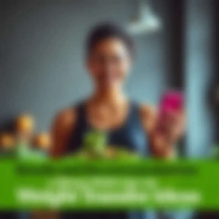 A person smiling while holding a healthy meal, with a fitness playlist visible on a phone in the background, symbolizing weight gain and loss journey.