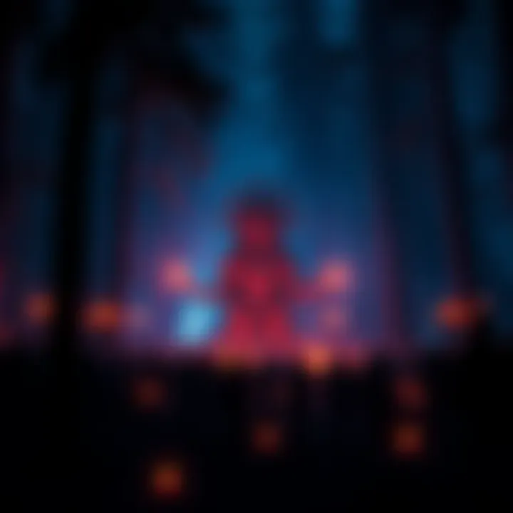 A group of people gathered around a large idol during a nighttime ceremony at Bohemian Grove, surrounded by trees and candles.