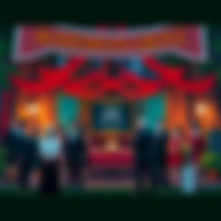 A group of attendees celebrating the 20th birthday of Bohemian Grove, dressed in formal attire, surrounded by trees and banners.