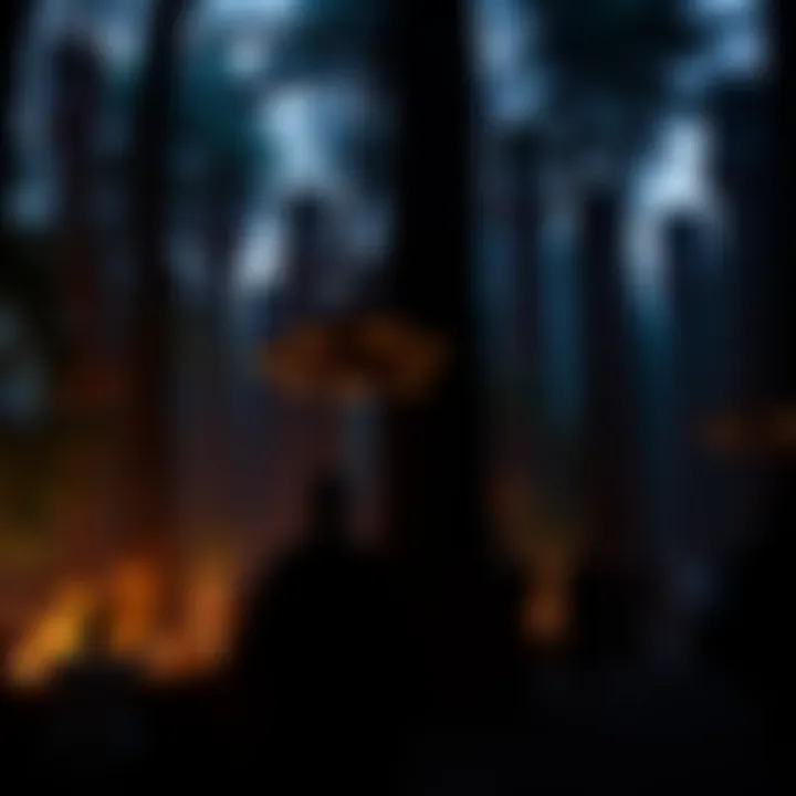 Bohemian Grove Gathering An outdoor scene of a secretive gathering at Bohemian Grove with trees and darkened figures in the background