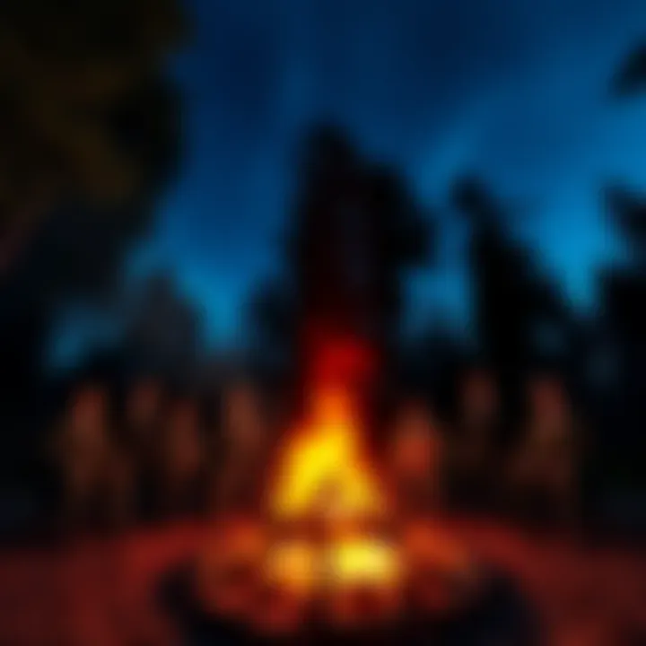 A group of men in formal attire gathered around a large, roaring campfire at Bohemian Grove, surrounded by tall trees and a night sky.