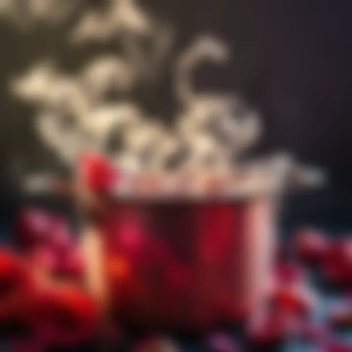 A pot with dried rose petals boiling, releasing steam and an unusual aroma