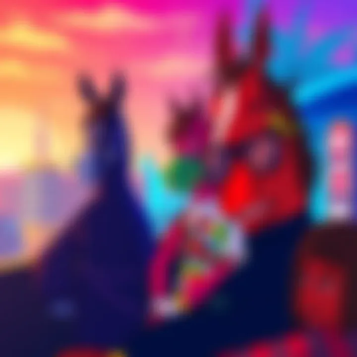 Colorful depiction of Bojack Horseman and his friends reflecting on Hollywood life with a city backdrop