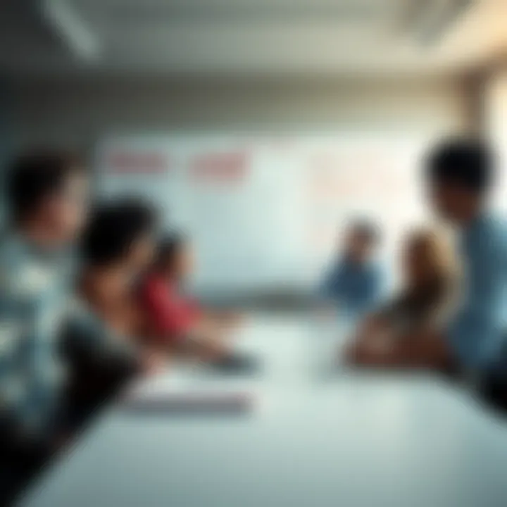 A group of diverse people debating passionately around a table with bold statements on a whiteboard behind them.