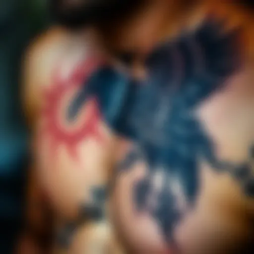 A striking raven tattoo featuring intricate black designs on skin, symbolizing strength and individuality.