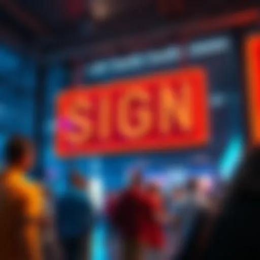 A large, eye-catching sign capturing attention and sparking debate among people in a lively setting.