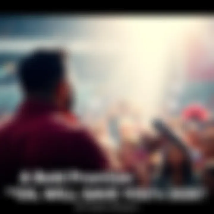 A confident individual speaking to a crowd, expressing a strong commitment to help others with a backdrop of a diverse audience listening attentively.